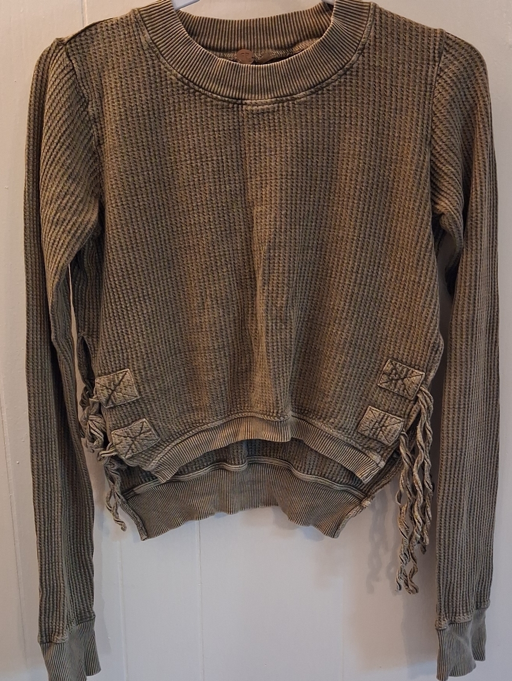 FP ONE Thermal Waffle-Knit Olive Green Women's Hi-low Top with Side Tie Details